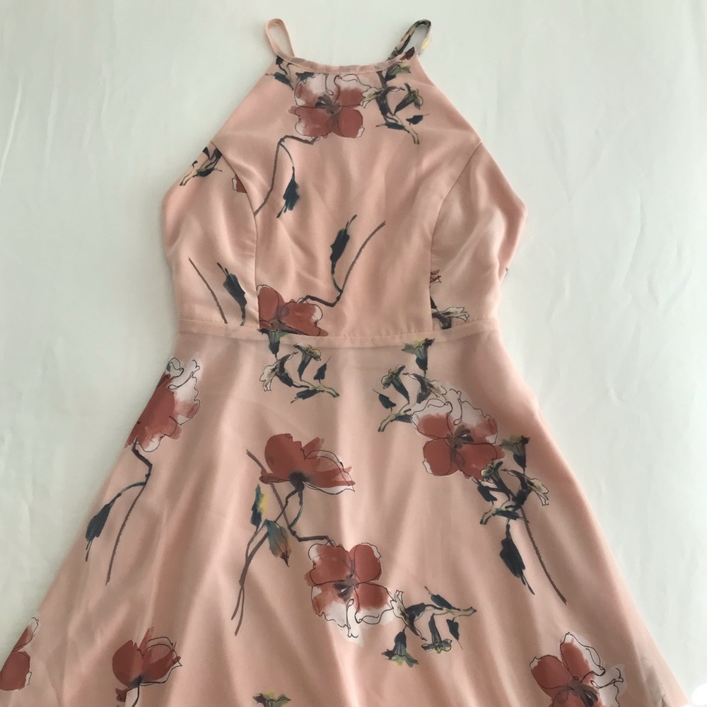 Blush Pink Floral Print Lace-Up Dress